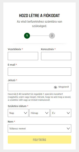Unibet Magyarország regisztrációs űrlap